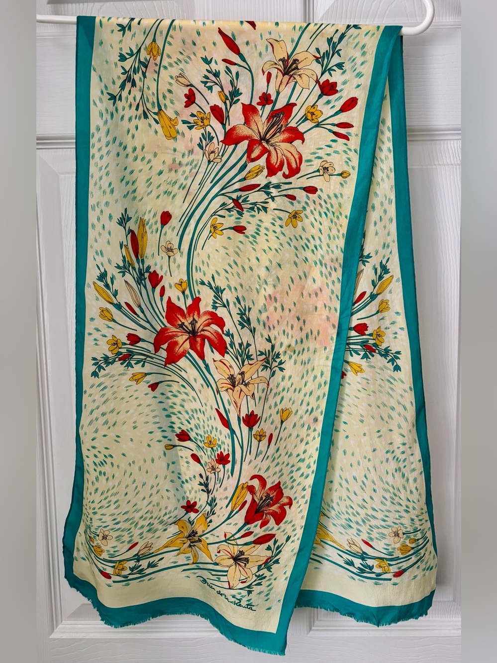 Vintage Oscar de la Renta Cream Scarf with Teal Border and Red Floral Motif